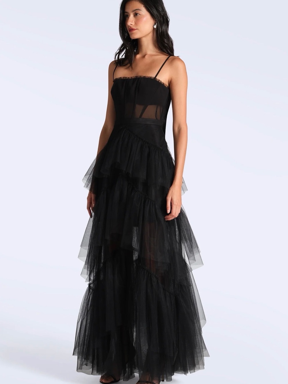 BCBGMaxAzria Black Sheer Bodice Tiered Tulle Maxi Dress